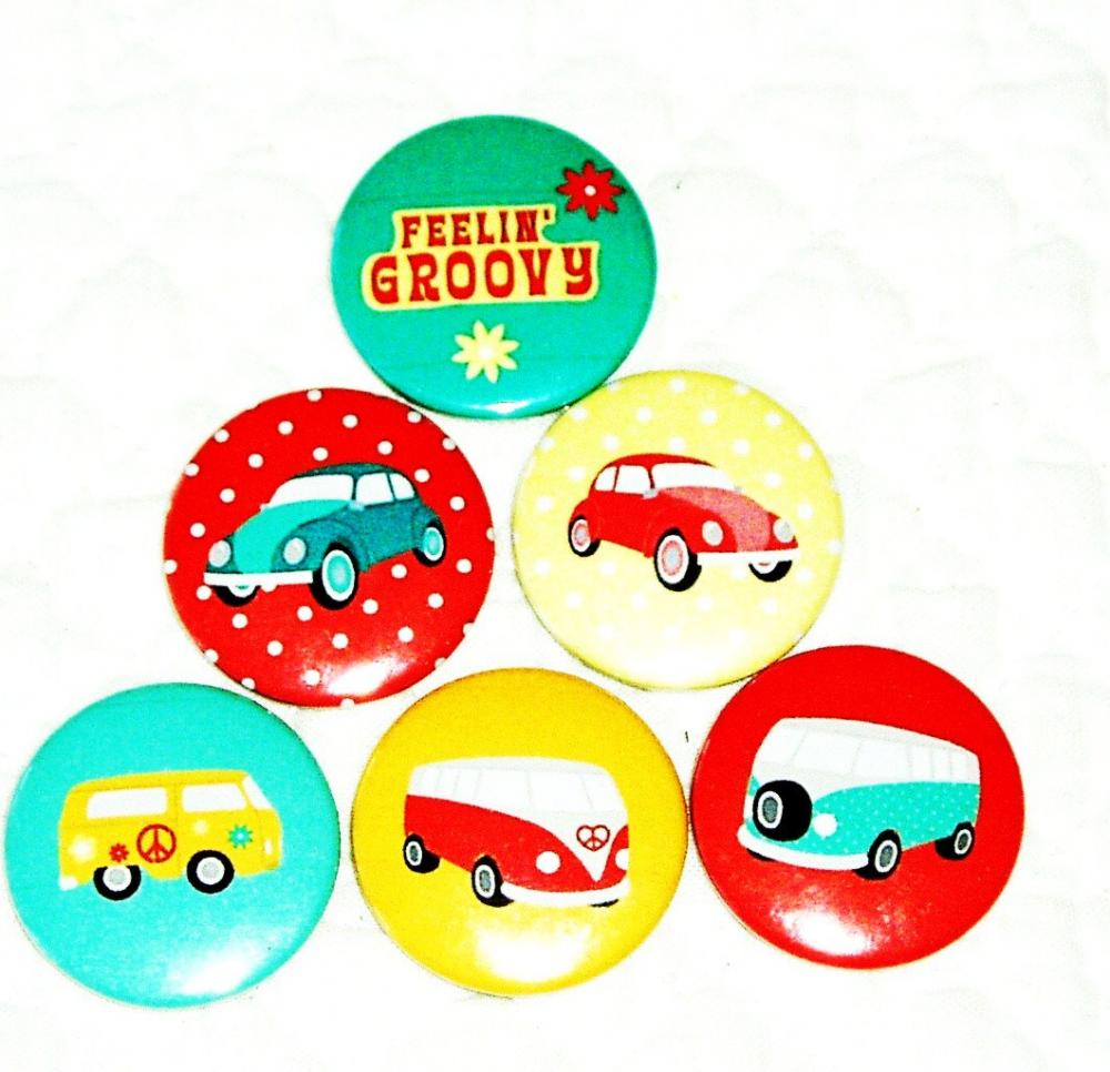 Fridge Magnets - Retro Volkswagons, Hippies - Set Of 6 Refrigerator Magnets